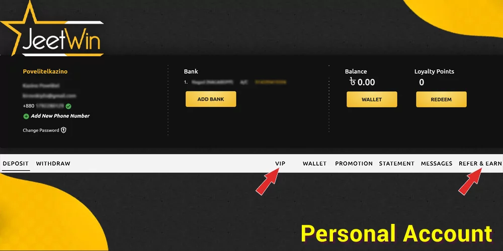 Personal account at JeetWin